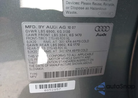 2008 Audi Q7 4.2 Premium z USA, uszkodzony, nr VIN WA1EV74L58D028945